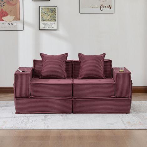 Divano 2 posti in velluto a coste rosso vino 162x78x66 cm con tasche laterali e 2 cuscini (1/5)