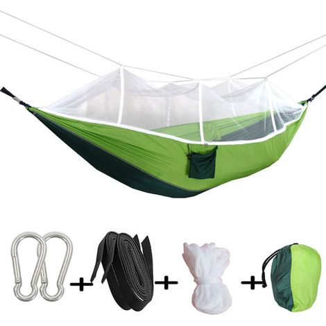 Hamac 260x140 cm - Taffeta Nylon - avec Moustiquaire et Sac - Léger, Résistant, Anti-Moustiques - Vert - Pour Camping et La Détente (1/4)