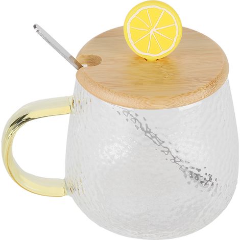 400-ml-Becher aus Borosilikatglas mit Bambusdeckel und Edelstahllöffel, hitzebeständig, Zitrone (1/5)
