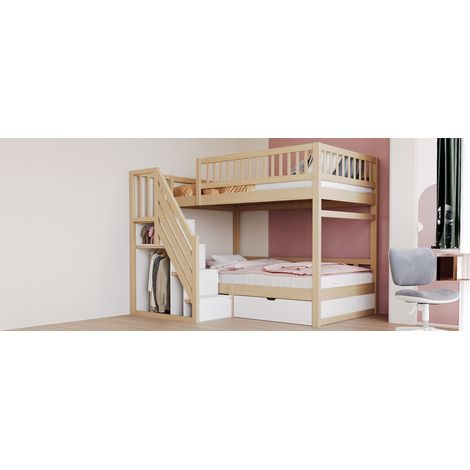 Lit superposé en bois massif 90x200 cm, barrière de sécurité haute, sommier à lattes inclus, échelle avec rangement, tiroirs de stockage, lit enfant ado, teinte bois naturel (1/5)