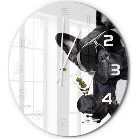 Horloge Murale Ronde Décoration Murale Verre Trempé Design Artistique Chien martini fi 60 cm (1/5)