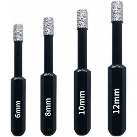 Coffret 4 Forets diamant pour Carrelage, Céramique, Grès Cérame, Tuiles, Verre, Pierre. Professionnelles Mèches Diamantées Scies-Cloches - 6mm 8mm 10mm 12mm