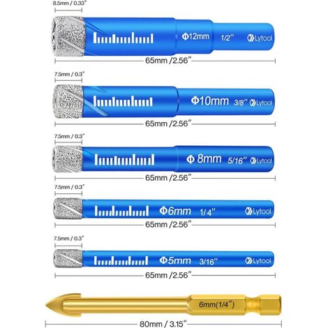 Set di punte per trapano per piastrelle, punte diamantate per gres con diametri di 5, 6, 8, 10, 12 mm, punta per metallo da 6 mm per piastrelle, punte per ceramica per vetro, granito, marmo, quarzo e (1/4)