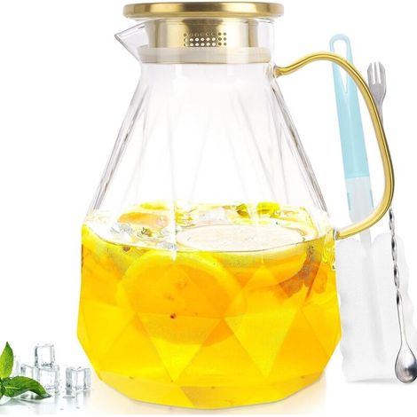 carafe en verre, 2 litre cruche d'eau en verre avec cperchio scellé pour l'eau chaude et froide, café, lait(avec brosse pour tasses &Coaster&cuillère à remuer)