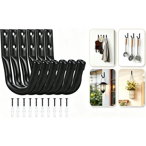 Crochets Muraux Garage 6 Pièces Crochet de Rangement pour Vélo Échelle Outils de Jardin Tuyau et Outillage avec Vis Chevilles Noir (1/5)