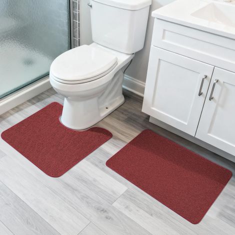 Ensemble de deux tapis de bain ultra-fins (rouge, 43 x 69 cm + 51 x 61 cm), absorbants, à séchage rapide, antidérapants et lavables en machine. (1/5)