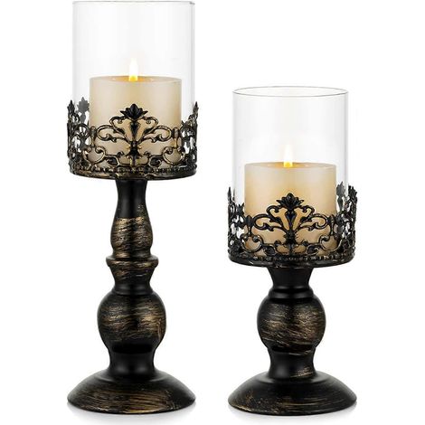 Lot de 2 chandeliers ouragan noirs vieillis, avec socle en métal et verre, idéal pour la décoration de mariages, de fêtes et de cheminées. (1/5)