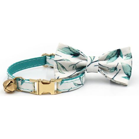 Collier chat motif feuille et fleurs avec nœud - L, boucle dorée, clochette silencieuse (1/2)