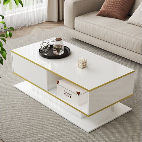 Mesa de centro LED 100x50x40 cm, 3 cajones, blanca y dorada, FloraGrace (1/5)