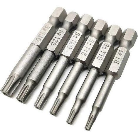 Lot de 6 tournevis Torx magnétiques de 50 mm avec mandrin hexagonal 1/4" (T8, T10, T15, T20, T25, T30) et embouts de perçage. (1/5)