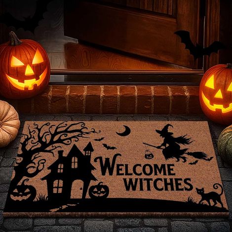 (60 x 40 cm) Halloween-Fußmatte aus Kokosnussholz, rutschfeste Hexen-Eingangsmatte aus Naturkokosnussholz, Gummimatte für den Außenbereich, Herbsternte (1/5)