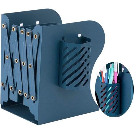 Serre-Livres Réglable en Métal, Décoratif Réglable en Métal Livre en Métal Étagère Organisateur Serre-Livres avec Porte-Stylo pour la Maison, Le Bureau, l'école, la bibliothèque, Bleu (1/5)