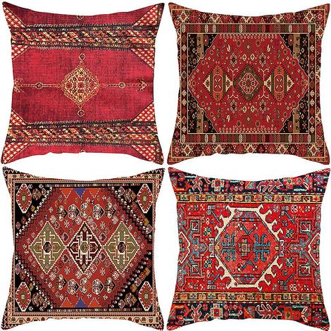 Lot de 4 housses de coussin rouges 45x45 cm, style bohème, pour canapé, salon, chambre à coucher, extérieur, tapis persan, décoration d'intérieur. (1/5)