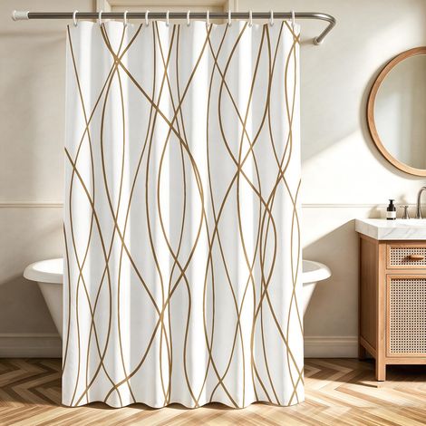 Rideau de douche 240 x 180 cm beige courbe géométrique, ourlet lesté, anti-moisissure, imperméable, lavable, en polyester, avec 12 œillets et anneaux de rideau de douche pour salle de bain (1/5)