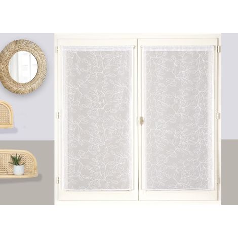 Paire de Voilages Brodés Feuilles, avec Passe-Tringle prêts à Poser, 2X 60x160cm, Blanc (1/5)