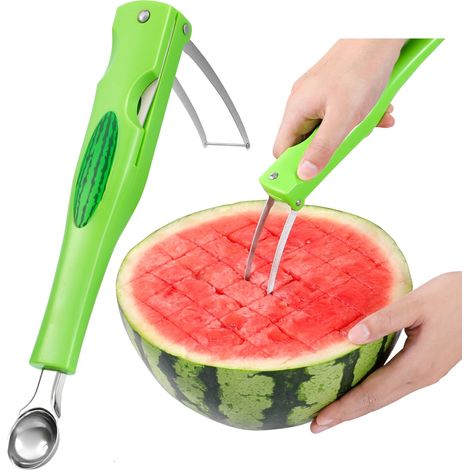 Hochwertiger Wassermelonenschneider – 3-in-1-Werkzeug zum Schneiden und Zerteilen von Wassermelonen – Zusammenklappbarer Wassermelonenschneider – Küchenhelfer – Wassermelonenmesser aus Edelstahl – Mel