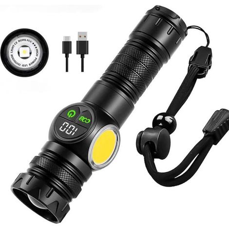Lampe Torche LED Ultra Puissante, Lampe Torche Rechargeable 2000 Lumens, Lampe de Poche Aimantée avec Affichage Numérique LCD, Feux Latéraux COB, 9 Modes D'éclairage, pour Camping Urgence (1/4)