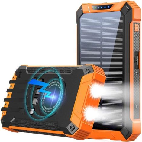 10000mAh multifonctionnel batterie d'énergie solaire puissance Mobile batterie de charge rapide avec 4 câbles chargeur sans fil lampe de poche LED (Orange) (1/5)