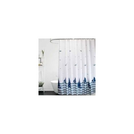 Tenda da doccia, 100 x 180 cm, orlo appesantito, antimuffa e lavabile, fantasia nautica blu con barchette a vela, con ganci. - Crezuo (1/4)