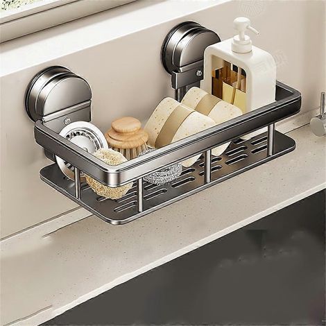 Égouttoir mural pour évier de cuisine, à ventouses, en aluminium spatial, avec support pour éponges à vaisselle. (1/3)