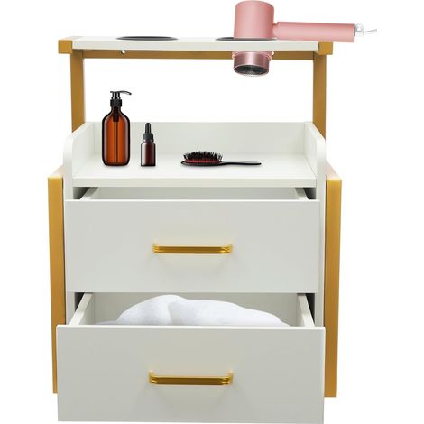 Armoire Murale pour Salon de Coiffure, Meuble de Rangement Suspendu 2 Tiroirs, Support Sèche-Cheveux, Capacité 50 kg, 40 × 30 × 48 cm (Or+Blanc)