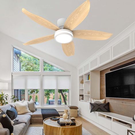 88cm Lustre Ventilateur De Plafond LED Dimmable, Silencieux 6 Vitesses, Moteur DC, Réversible Eté Hiver Plafonnier Ventilateur-Vinage de bois clair (1/5)