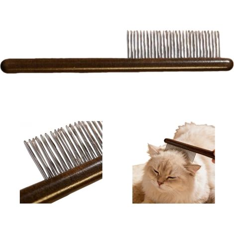 Long and short tooth steel comb with wooden handle for cats and dogs, removes knots and dead hair (brown)