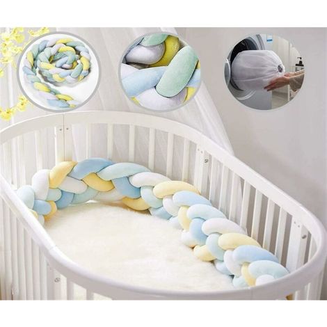 Tour De Lit 4 Tissage Bébé Coussin Serpent Tressé Pare-Choc Velours Protection lit Bumper Pépinière pour Les Nouveau-Nés Lit Chambre Décor avec Sac à Linge, Vert + Bleu + Jaune + Blanc, 1.5m (1/5)