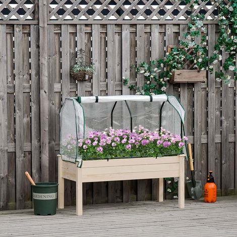 Potager surélevé avec bâche en PE, jardinière d'extérieur surélevée en sapin avec 4 trous de drainage, pour fleurs et légumes, pour jardin, balcon, 121 x 55 x 117 cm, couleur bois