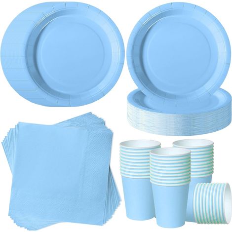 120 Pièces Vaisselle Jetable, Assiettes 7 Pouces, Gobelets, Serviettes Papier, Bleu Clair, Pour 40 Invités, Anniversaire