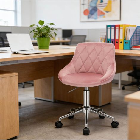 Silla de oficina giratoria regulable, tapizada en terciopelo rosa, con base de metal cromado (1/5)