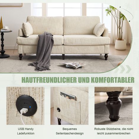 Canapé 2 places moderne en chenille beige, pieds bois, LED, USB, sac rangement — salon, chambre, bureau (1/4)