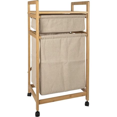 TrAdE Shop Traesio - Mobiletto Cesto Portabiancheria In Bambù Tessuto 42x33,5x84,5cm A 2 Scomparti Con Ruote - (1/4)