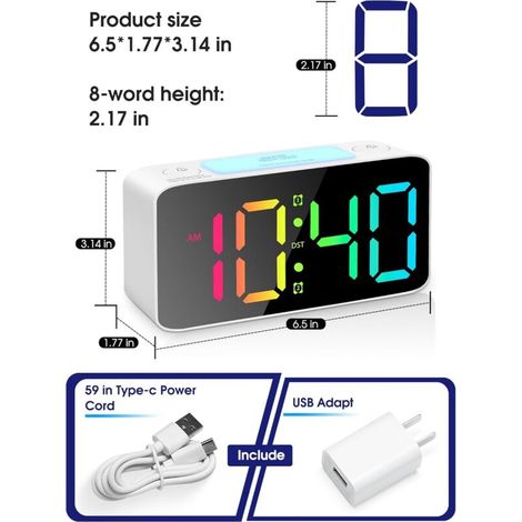 Réveil Fort pour Les Chambres avec Veilleuse RVB, Les Adultes Lourds, Double Alarme, Variateur, Chargeur USB, Petite Horloge Numérique de Chevet avec Affichage LED pour Les Adolescents (Blanc) (1/4)