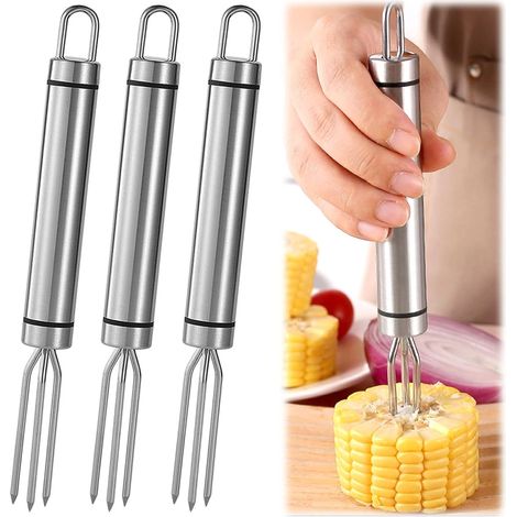 Tenedores para papas de acero inoxidable (3 piezas), tenedores para mazorcas de maíz con 3 puntas, 18,3 x 1,9 cm, reutilizables para papas, filetes, pelar y barbacoa.