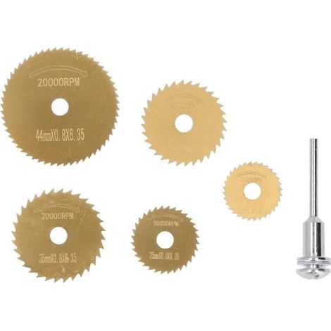 Ensemble de 6 disques de coupe miniatures en acier rapide (HSS) pour scie circulaire, avec mandrin rotatif pour cuivre. (1/4)