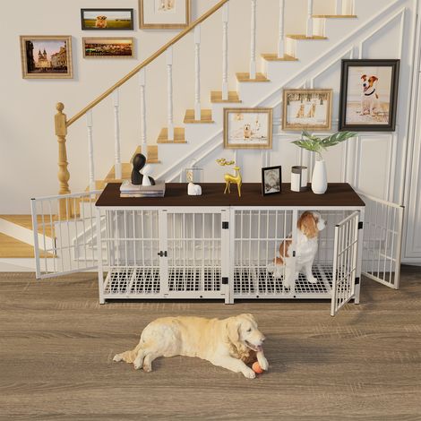 BingoPaw Heavy Duty Dog Kennel Wooden Dog Crate Puppy Cage End Table with Lockable Door, White Extra Large 107 x 71 x 81cm