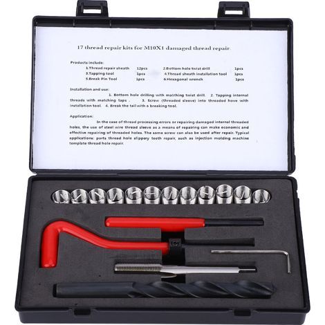 Kit de réparation de filetage, 17 pièces, foret torsadé en acier inoxydable, clé à taraud, outil d'insertion fileté M10x1 (1/5)