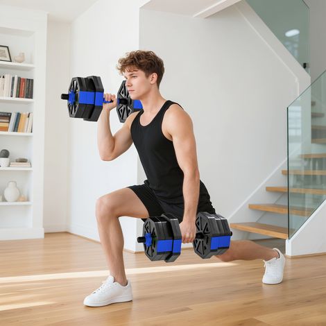 Juego de mancuernas para entrenamiento con pesas 6 en 1: pesa rusa ajustable de 20 kg, barra para levantamiento de pesas, soporte para flexiones, color azul.