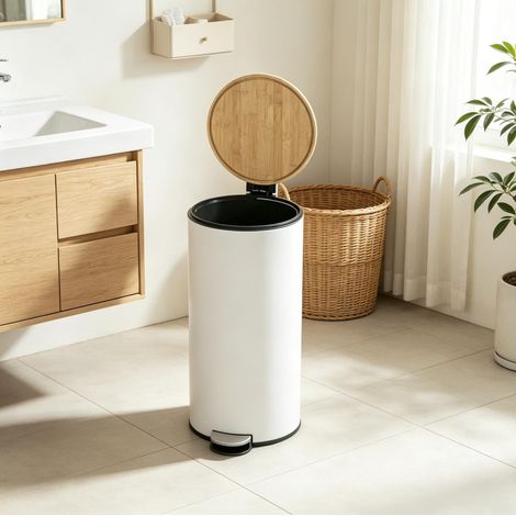 Cubo de basura de cocina con pedal 30 L, cubo extraíble y cierre suave blanco OKMYHOME (1/5)