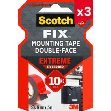 3er-Packung Scotch-FIX™ Extreme doppelseitige Montagebänder für den Außenbereich, 19 mm x 1,5 m, 1 Rolle/Packung