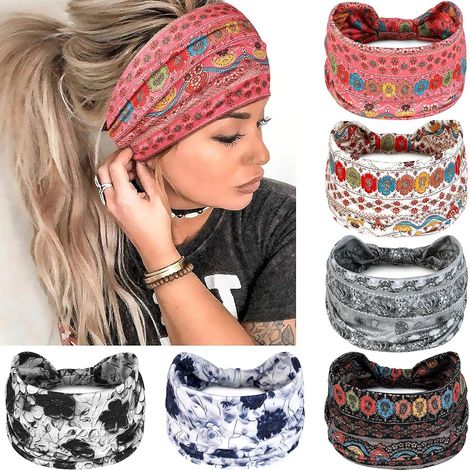 Confezione da 6 fasce per capelli da donna extra larghe con nodo, morbide, stile bohémien africano, tinta unita, ideali per yoga e fitness. (1/4)