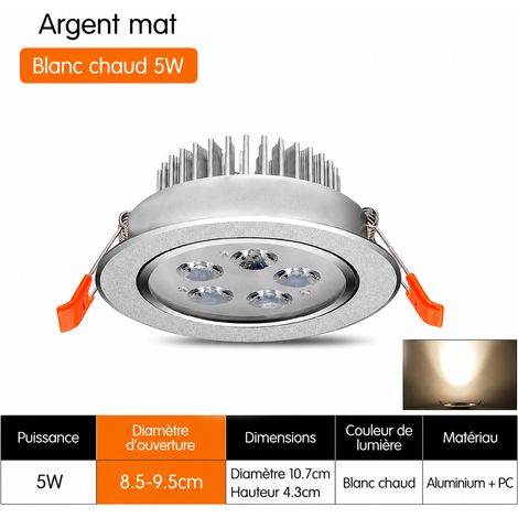 Spot encastrable LED plafond 5W diamètre 10,7 cm lumière blanche argent mat 10.7 cm 5w réf 80 g – Livraison gratuite