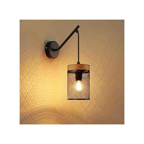 GBLY Applique Murale Vintage Interna Legno Nera Lampada da Parete Soggiorno in Metallo Griglia Industriale E14 Retro Illuminazione a Parete per Camera da Letto Corridoio Scale Café Bar Senza Lampadina (1/5)