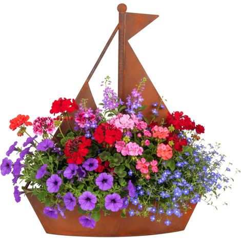 Relaxdays Gartendeko Rost, Metall, HxBxT: 43 x 34,5 x 10 cm, Schiff zum Bepflanzen, Blumentopf, Garten & Balkon, braun
