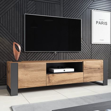 TV-Möbel aus Esche, Wohnzimmer-Sideboard mit drei Flügeltüren und drei Innenfächern, vom Boden abgehoben, 151x42 H60 cm, beige (1/4)