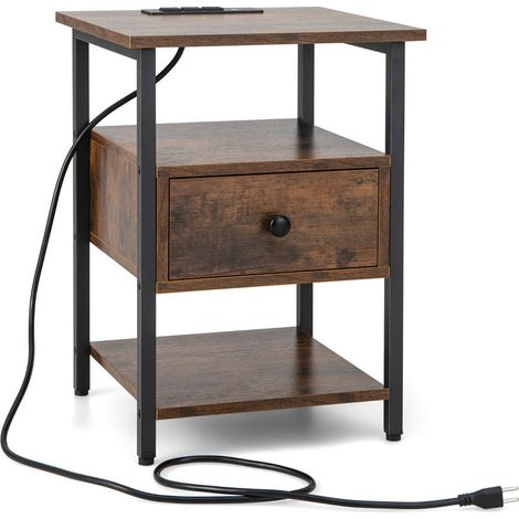 Table de chevet à 3 niveaux multifonctionnelle 40 x 40 x 55 cm avec station de charge ambiance industrielle en bois MDF marron rustique