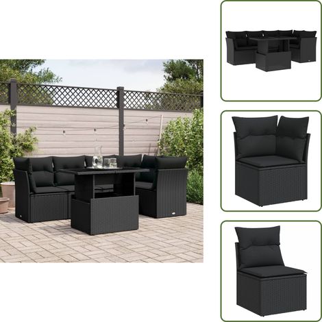 6-tlg. Garten-Sofagarnitur mit Kissen Schwarz Poly Rattan - Gartenmöbel Set - PE-Rattan Möbel - Outdoor Sofa - Lounge Set - Gartenlounge (1/5)