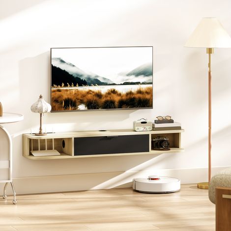 Meuble TV suspendu 120 centimètres, tiroir rabattable 2 étagères 120x24x16cm noir, meuble télé pour téléviseur jusqu'à 50 pouces (1/4)