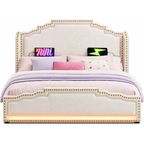 Lit double 140x200 avec 4 tiroirs, LED, ports USB et USB-C, sommier à lattes, tête de lit style vintage en velours beige, sans matelas CHICFURN (1/5)